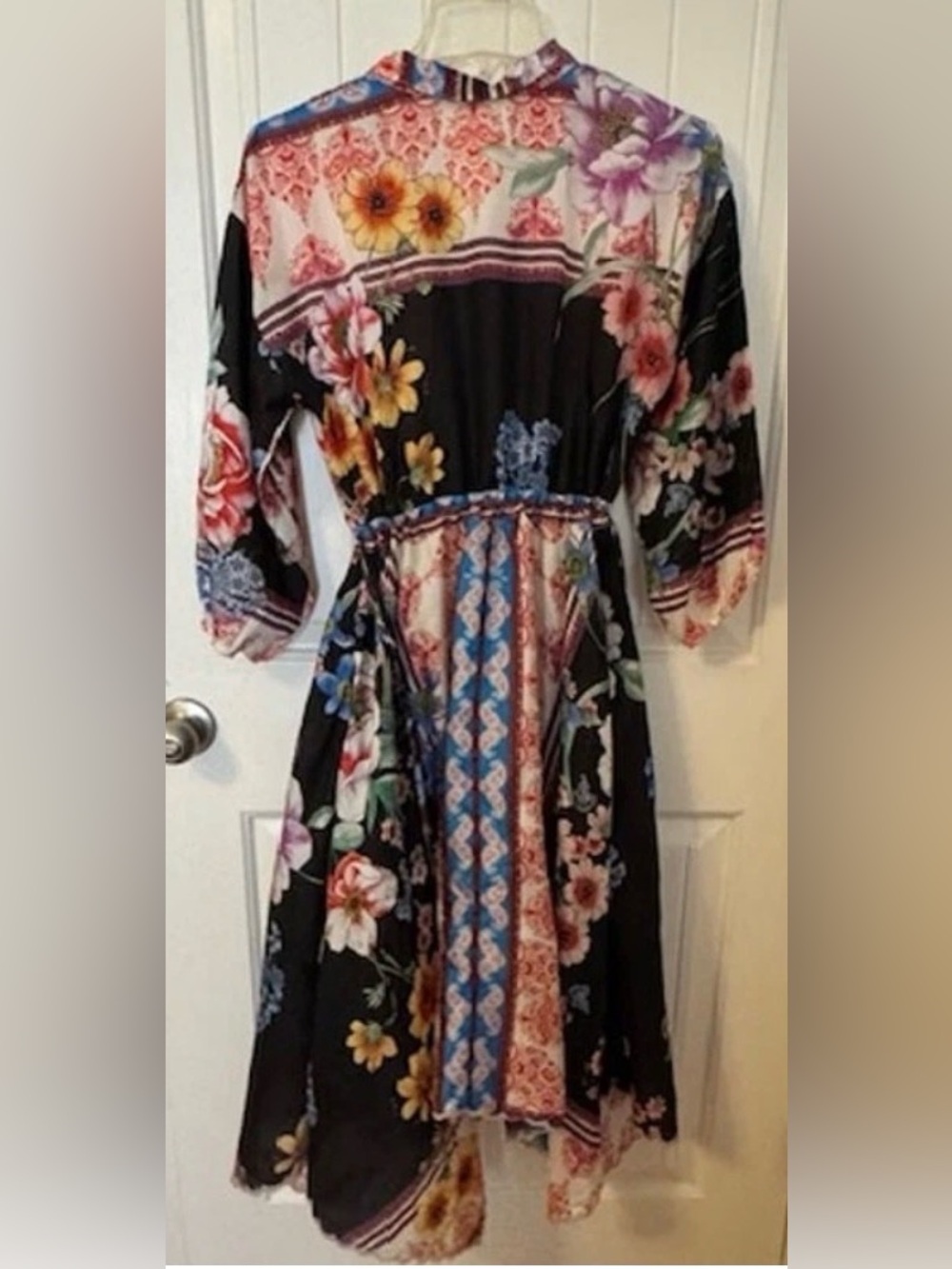 Johnny Was Multicolor Floral Patchwork Silk Handkerchief-Hem Dress - Picture 5 of 9